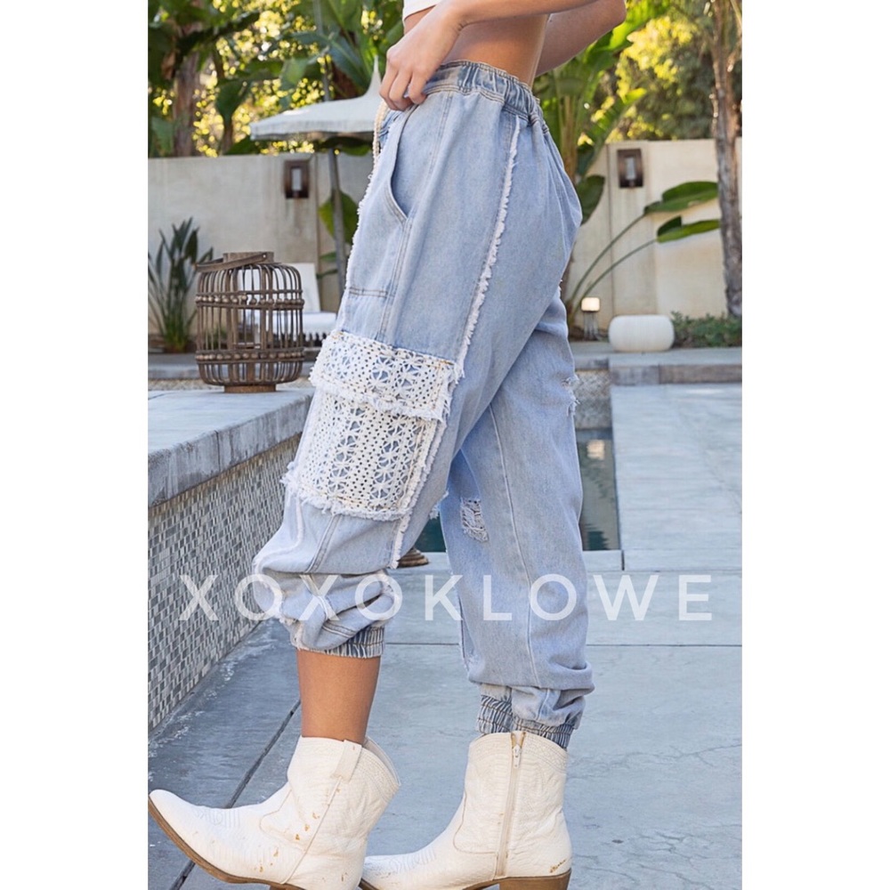 LAST ONE POL Slouchy Denim Jogger Jeans Lace Pockets Distressed - Picture 5 of 16